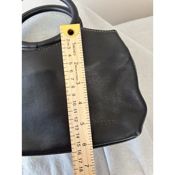 Fossil Black Leather Circle Handle Handbag Contrast Stitch Satchel Bag - Picture 6 of 7